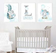 Load image into Gallery viewer, Personalized Name Baby Elephant Wall Art, Baby Boy Nursery Wall Art, 3 Piece Set Canvas Print