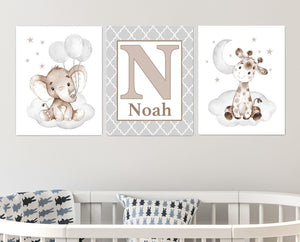 Personalized Initial & Name Baby Elephant Wall Art, 3 Piece Set Canvas Print