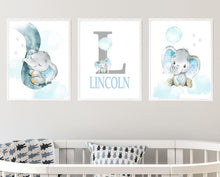 Load image into Gallery viewer, Personalized Name Baby Elephant Wall Art, Baby Boy Nursery Wall Art, 3 Piece Set Canvas Print