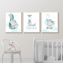 Load image into Gallery viewer, Personalized Name Baby Elephant Wall Art, Baby Boy Nursery Wall Art, 3 Piece Set Canvas Print