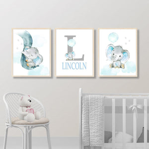 Personalized Name Baby Elephant Wall Art, Baby Boy Nursery Wall Art, 3 Piece Set Canvas Print