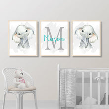 Load image into Gallery viewer, Personalized Name Baby Elephant Wall Art, Baby Nursery Wall Art, 3 Piece Set Canvas Print