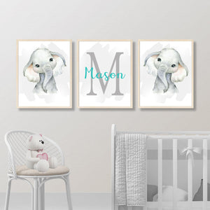 Personalized Name Baby Elephant Wall Art, Baby Nursery Wall Art, 3 Piece Set Canvas Print