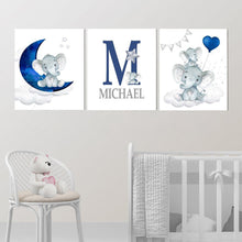 Load image into Gallery viewer, Personalized Initial &amp; Name Baby Elephant Wall Art, Baby Boy Nursery Wall Art, 3 Piece Set Canvas Print