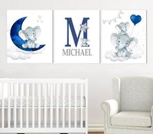 Load image into Gallery viewer, Personalized Initial &amp; Name Baby Elephant Wall Art, Baby Boy Nursery Wall Art, 3 Piece Set Canvas Print