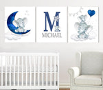 Personalized Initial & Name Baby Elephant Wall Art, Baby Boy Nursery Wall Art, 3 Piece Set Canvas Print