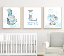 Load image into Gallery viewer, Personalized Name Baby Elephant Wall Art, Baby Boy Nursery Wall Art, 3 Piece Set Canvas Print