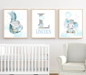 Personalized Name Baby Elephant Wall Art, Baby Boy Nursery Wall Art, 3 Piece Set Canvas Print