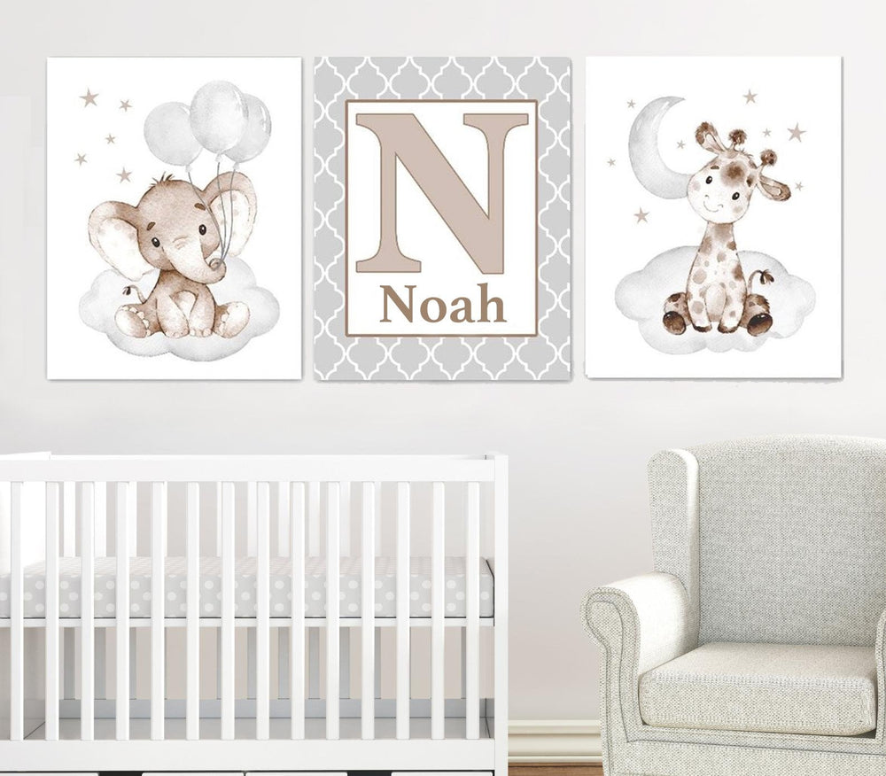 Personalized Initial & Name Baby Elephant Wall Art, 3 Piece Set Canvas Print