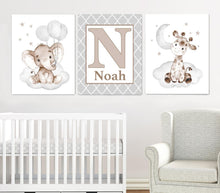 Load image into Gallery viewer, Personalized Initial &amp; Name Baby Elephant Wall Art, 3 Piece Set Canvas Print