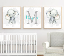 Load image into Gallery viewer, Personalized Name Baby Elephant Wall Art, Baby Nursery Wall Art, 3 Piece Set Canvas Print