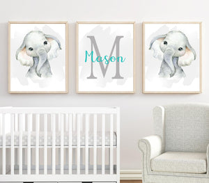 Personalized Name Baby Elephant Wall Art, Baby Nursery Wall Art, 3 Piece Set Canvas Print