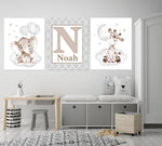 Personalized Initial & Name Baby Elephant Wall Art, 3 Piece Set Canvas Print