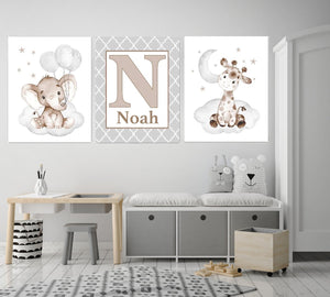 Personalized Initial & Name Baby Elephant Wall Art, 3 Piece Set Canvas Print