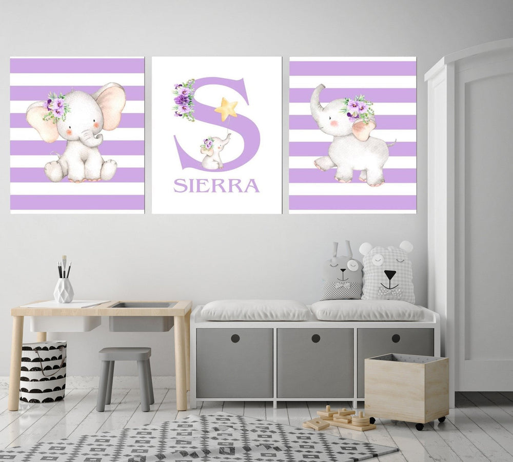 Personalized Initial & Name Baby Elephant Wall Art, Baby Girl Nursery Wall Art, 3 Piece Set Canvas Print