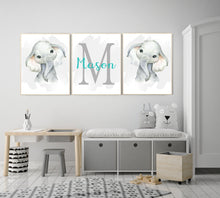 Load image into Gallery viewer, Personalized Name Baby Elephant Wall Art, Baby Nursery Wall Art, 3 Piece Set Canvas Print