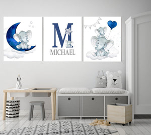 Personalized Initial & Name Baby Elephant Wall Art, Baby Boy Nursery Wall Art, 3 Piece Set Canvas Print