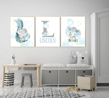 Load image into Gallery viewer, Personalized Name Baby Elephant Wall Art, Baby Boy Nursery Wall Art, 3 Piece Set Canvas Print