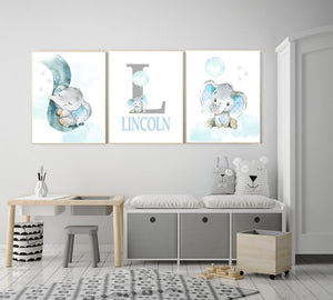 Personalized Name Baby Elephant Wall Art, Baby Boy Nursery Wall Art, 3 Piece Set Canvas Print