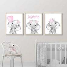 Load image into Gallery viewer, Personalized Name Baby Elephant Wall Art, Baby Girl Nursery Wall Art, 3 Piece Set Canvas Print