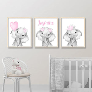 Personalized Name Baby Elephant Wall Art, Baby Girl Nursery Wall Art, 3 Piece Set Canvas Print