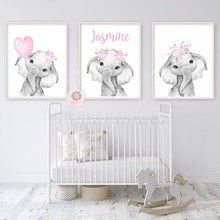 Load image into Gallery viewer, Personalized Name Baby Elephant Wall Art, Baby Girl Nursery Wall Art, 3 Piece Set Canvas Print