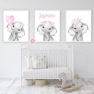 Personalized Name Baby Elephant Wall Art, Baby Girl Nursery Wall Art, 3 Piece Set Canvas Print