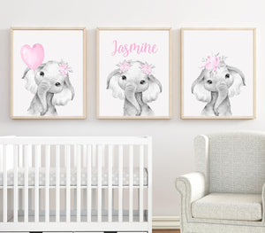 Personalized Name Baby Elephant Wall Art, Baby Girl Nursery Wall Art, 3 Piece Set Canvas Print