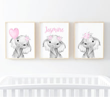 Load image into Gallery viewer, Personalized Name Baby Elephant Wall Art, Baby Girl Nursery Wall Art, 3 Piece Set Canvas Print