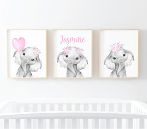 Personalized Name Baby Elephant Wall Art, Baby Girl Nursery Wall Art, 3 Piece Set Canvas Print