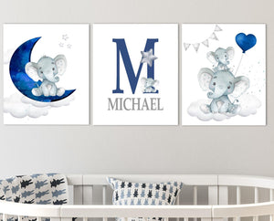 Personalized Initial & Name Baby Elephant Wall Art, Baby Boy Nursery Wall Art, 3 Piece Set Canvas Print