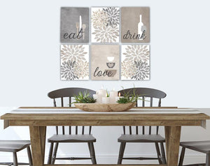 Eat Drink Love Flower Bursts Kitchen Art Canvas Print Set III