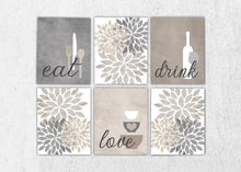 Load image into Gallery viewer, Eat Drink Love Flower Bursts Kitchen Art Canvas Print Set III