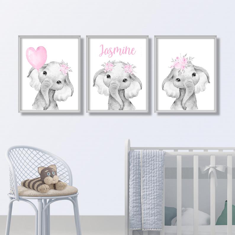 Personalized Name Baby Elephant Wall Art, Baby Girl Nursery Wall Art, 3 Piece Set Canvas Print