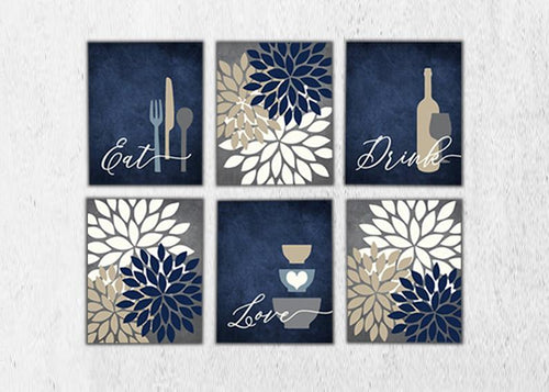 Eat Drink Love Flower Bursts Kitchen Art Canvas Print Set IV