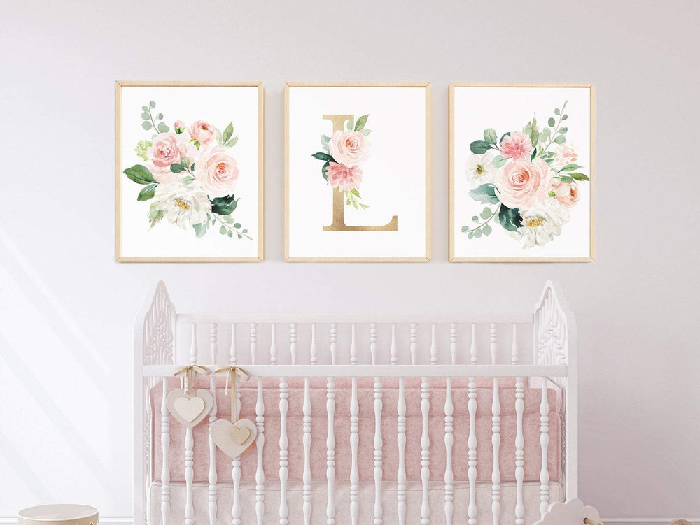 Personalized Name Baby Floral Wall Art, Baby Girl Nursery Wall Art, 3 Piece Set Canvas Print