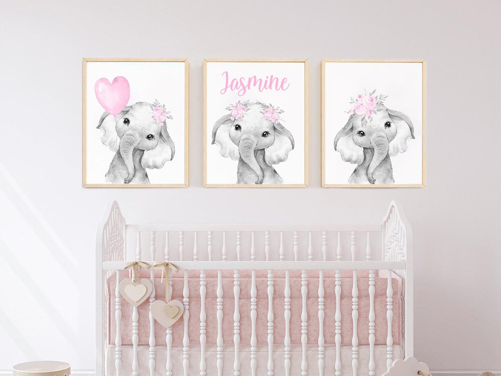 Personalized Name Baby Elephant Wall Art, Baby Girl Nursery Wall Art, 3 Piece Set Canvas Print