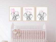 Load image into Gallery viewer, Personalized Name Baby Elephant Wall Art, Baby Girl Nursery Wall Art, 3 Piece Set Canvas Print