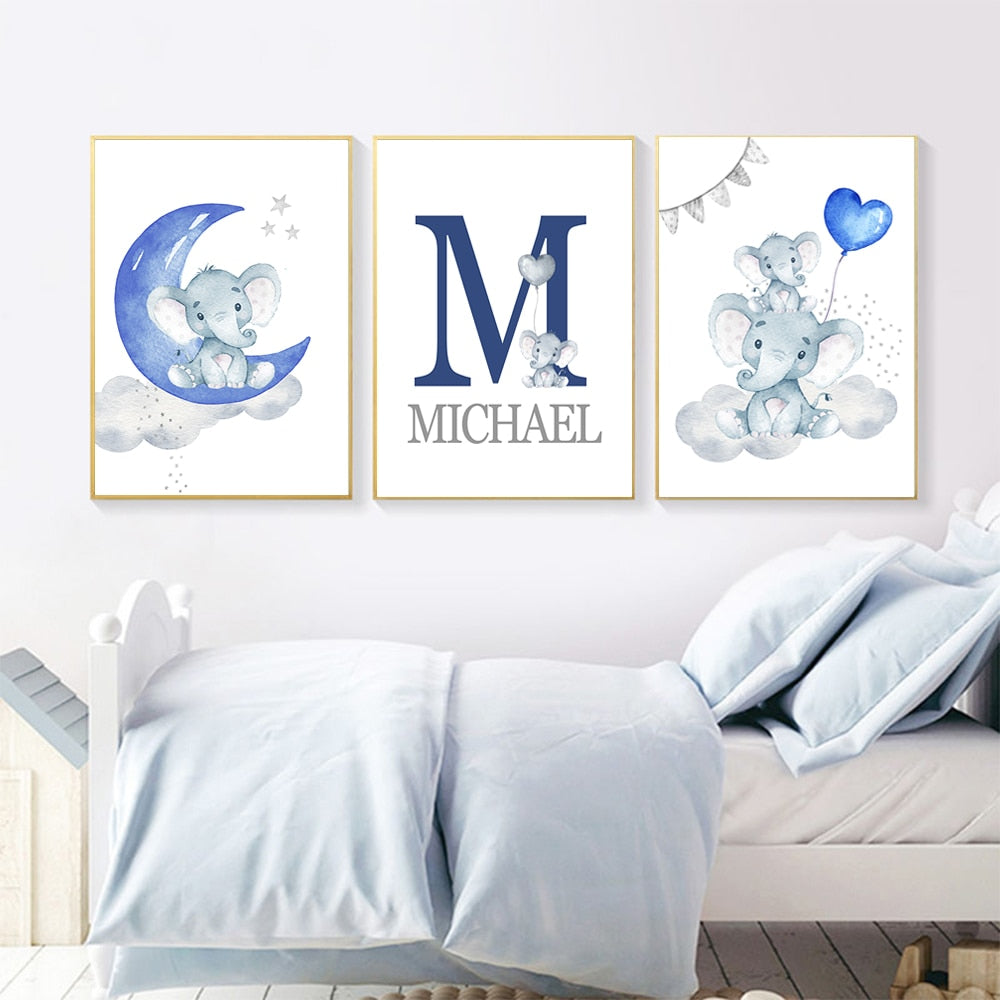 Personalized Boy's Name Wall Art Canvas Painting Pictures Elephant Animal Wall Art