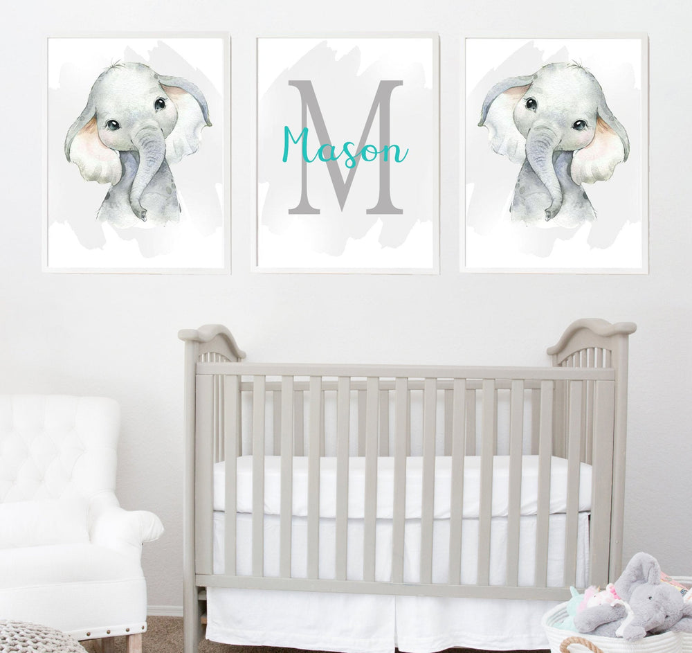 Personalized Name Baby Elephant Wall Art, Baby Nursery Wall Art, 3 Piece Set Canvas Print