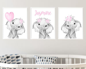 Personalized Name Baby Elephant Wall Art, Baby Girl Nursery Wall Art, 3 Piece Set Canvas Print