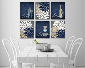 Eat Drink Love Flower Bursts Kitchen Art Canvas Print Set IV