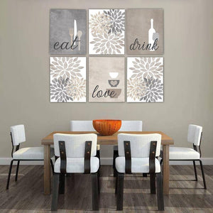 Eat Drink Love Flower Bursts Kitchen Art Canvas Print Set III