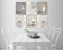 Load image into Gallery viewer, Eat Drink Love Flower Bursts Kitchen Art Canvas Print Set III