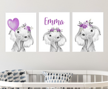 Load image into Gallery viewer, Personalized Name Baby Elephant Wall Art, Baby Girl Nursery Wall Art, 3 Piece Set Canvas Print