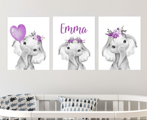 Personalized Name Baby Elephant Wall Art, Baby Girl Nursery Wall Art, 3 Piece Set Canvas Print