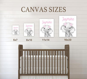 Personalized Name Baby Elephant Wall Art, Baby Girl Nursery Wall Art, 3 Piece Set Canvas Print