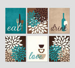 Eat Drink Love Flower Bursts Kitchen Art Canvas Print Set II